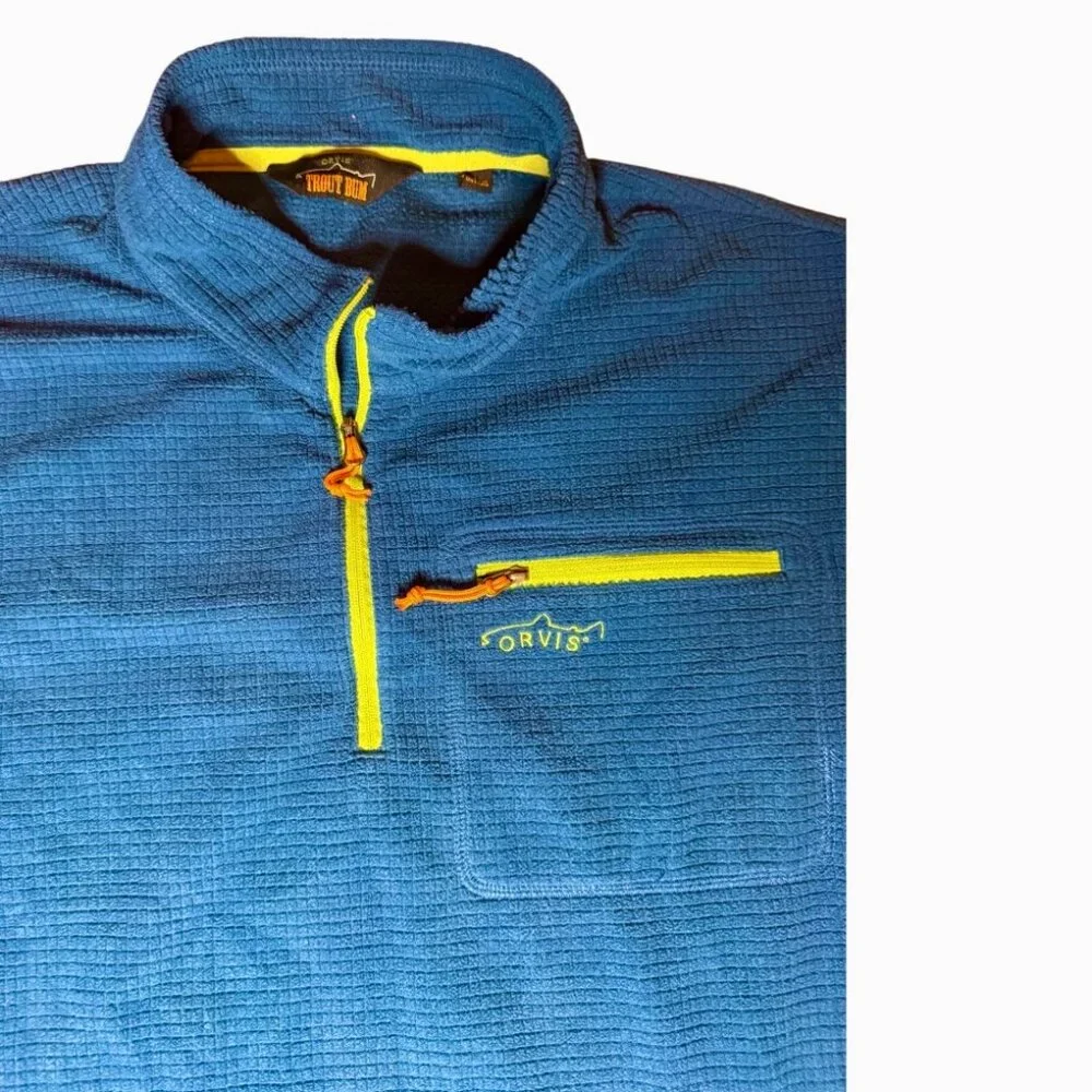 Orvis Trout Bum Waffle Knit Quarter-Zip Pullover – Men’s Large – Blue Technical
